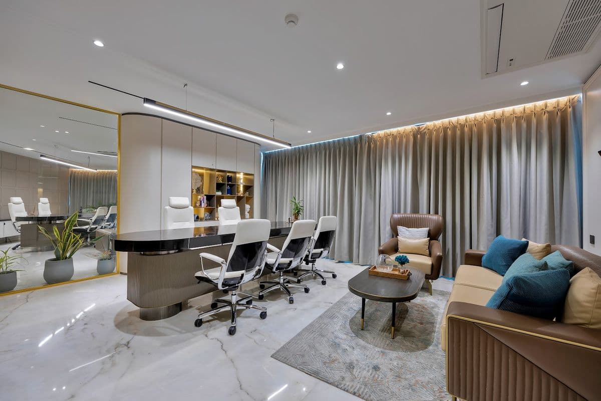 Executive cabin delivered by Cohuman, with integrated credenza and lounge seating